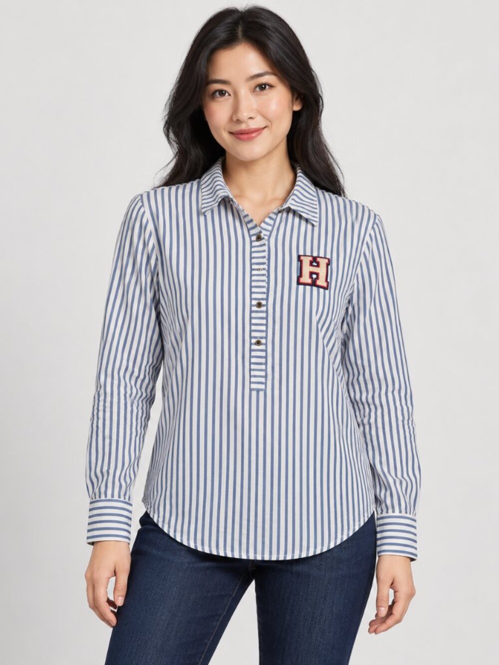 Tommy Hilfiger Denim Womens Shirt M Blue White Stripe H Patch Cotton Viscose